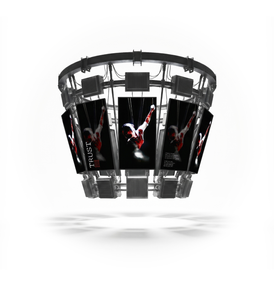 Rigging: truss system and suspension of the 8 vertical displays